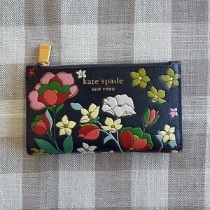 Kate Spade Floral Bifold Wallet Navy Multi Snap Zip Coin Saffiano Leather